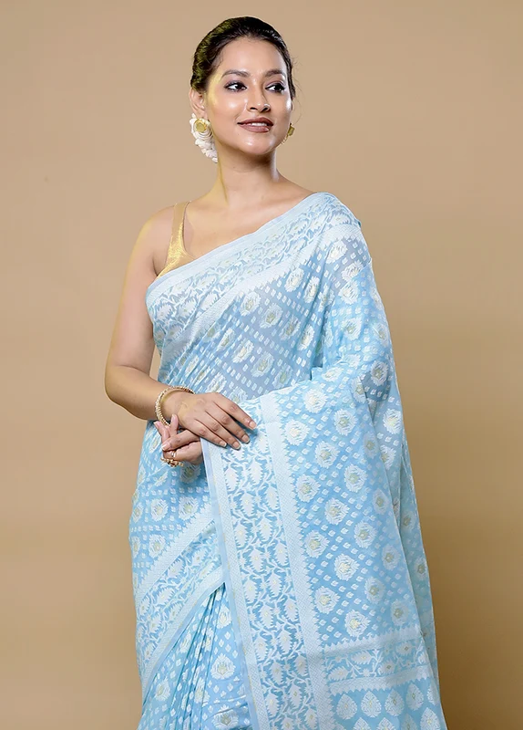 Blue Pure Cotton Saree With Blouse Piece Onesize