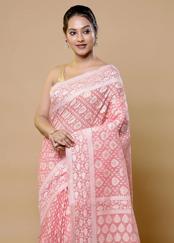 Pink Pure Cotton Saree With Blouse Piece Onesize