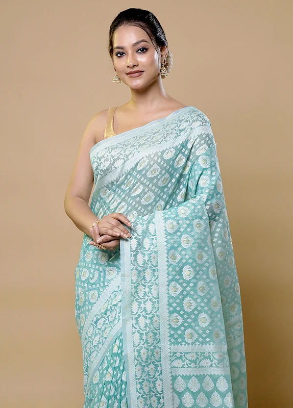 Green Pure Cotton Saree With Blouse Piece Onesize