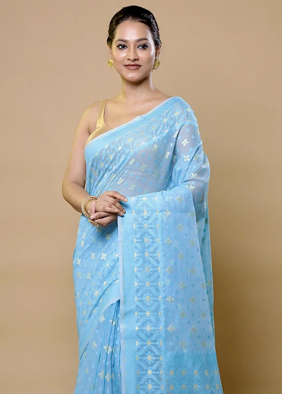 Blue Pure Cotton Saree With Blouse Piece Onesize