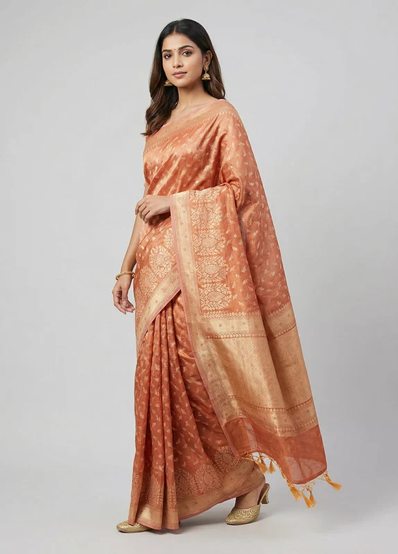 Peach Tissue Silk Saree With Blouse Piece One Size