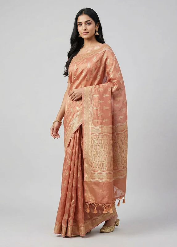 Peach Tissue Silk Saree With Blouse Piece One Size