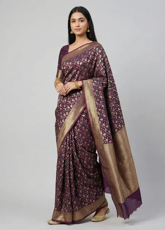 Purple Kora Silk Saree With Blouse Piece One Size