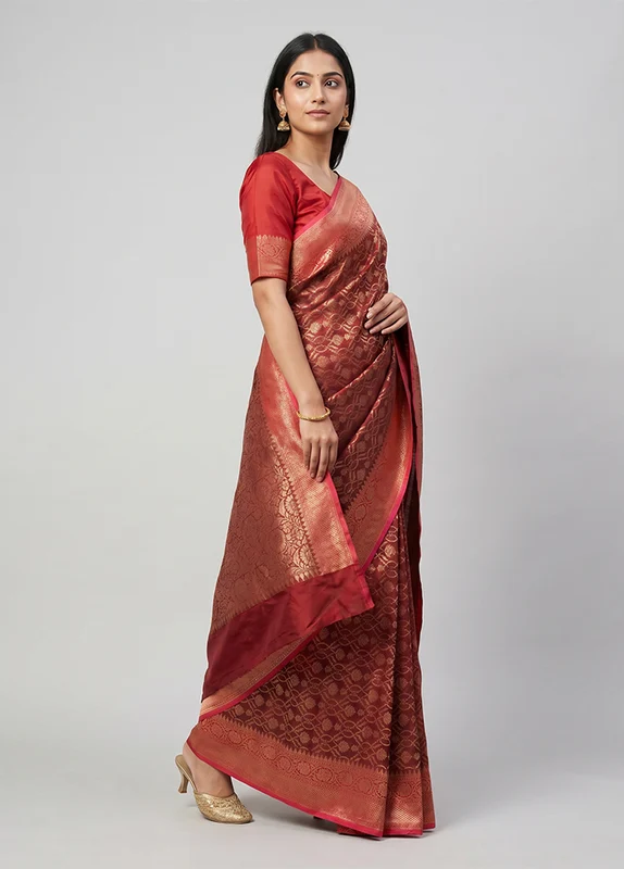 Maroon Kora Silk Saree With Blouse Piece One Size