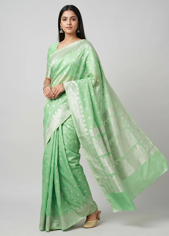 Green Kora Silk Saree With Blouse Piece One Size