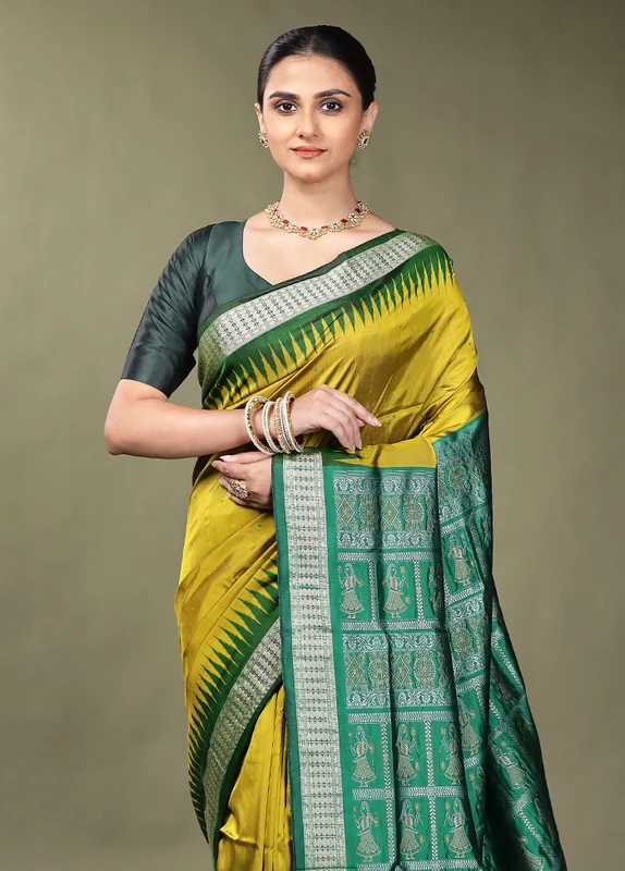 Green Handloom Bomkai Pure Silk Saree With Blouse Piece Onesize