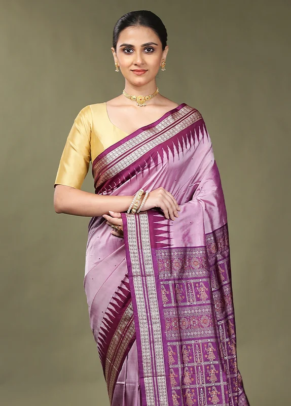 Purple Handloom Bomkai Pure Silk Saree With Blouse Piece Onesize
