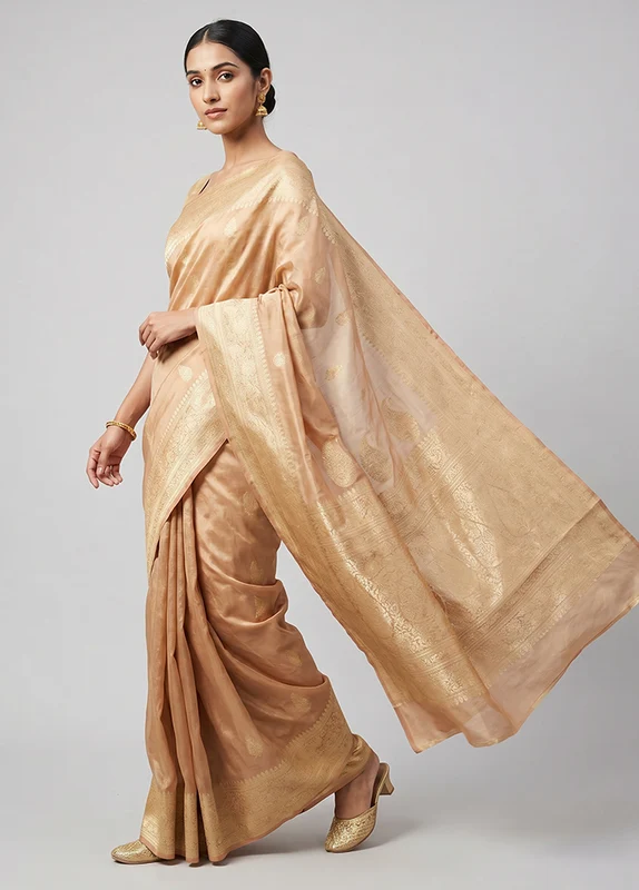 Cream Handloom Tissue Pure Silk Saree With Blouse Piece One Size