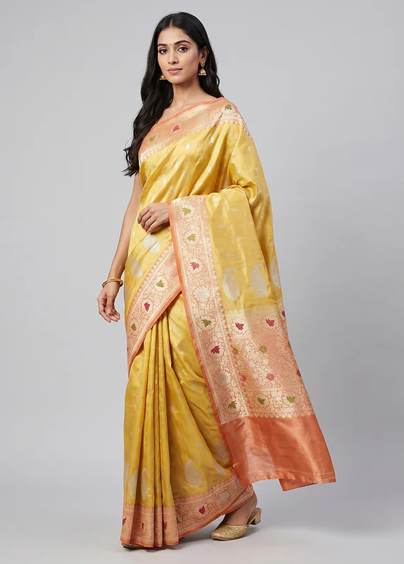 Yellow Handloom Tissue Pure Silk Saree With Blouse Piece One Size