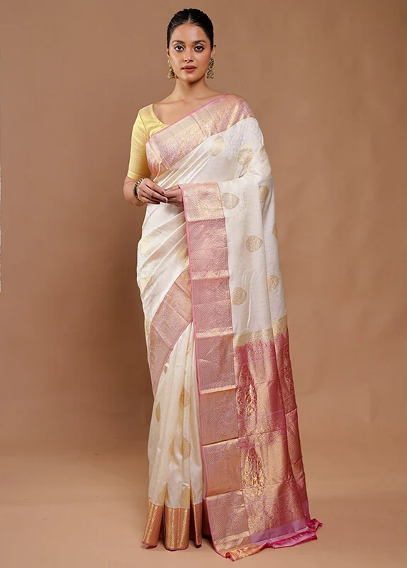 Cream Handloom Kanjivaram Pure Silk Saree With Blouse Piece Onesize
