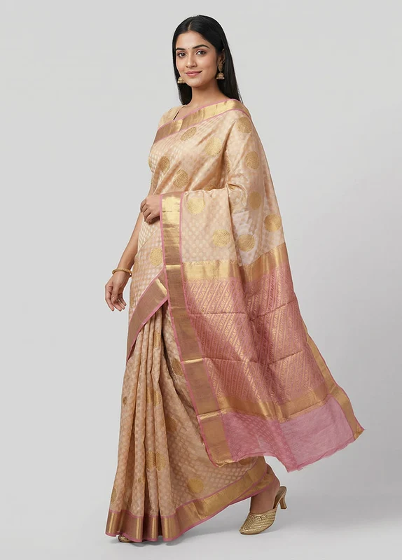 Cream Handloom Kanjivaram Pure Silk Saree With Blouse Piece One Size