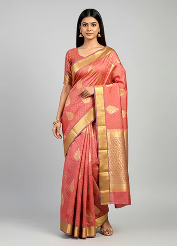 Pink Handloom Kanjivaram Pure Silk Saree With Blouse Piece One Size