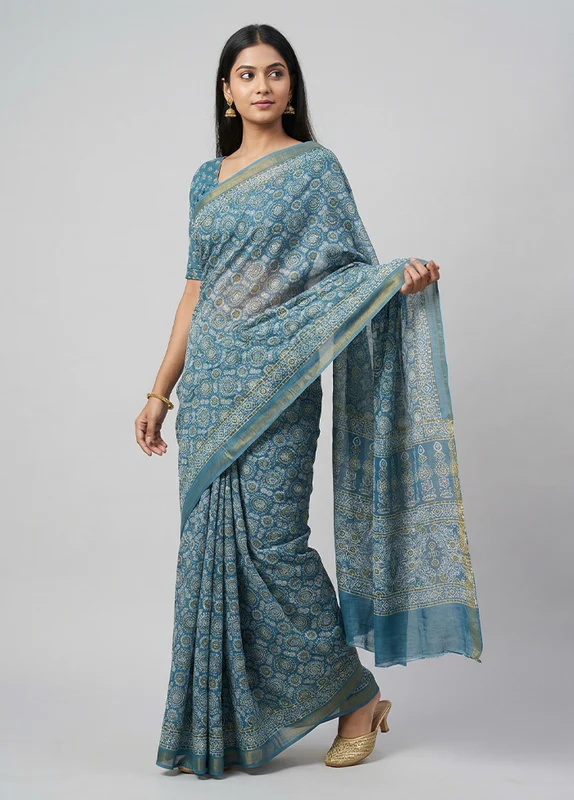 Blue Chanderi Cotton Saree With Blouse Piece One Size