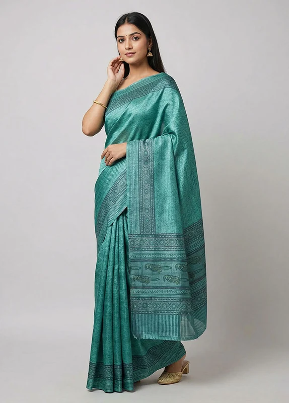 Blue Handloom Tussar Pure Silk Saree With Blouse Piece One Size