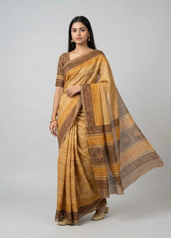Cream Handloom Tussar Pure Silk Saree With Blouse Piece One Size
