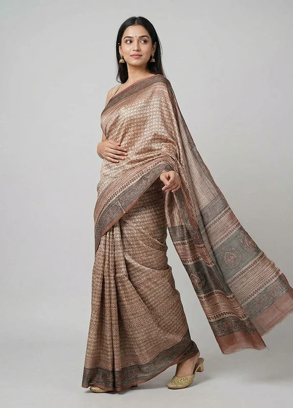 Cream Handloom Tussar Pure Silk Saree With Blouse Piece One Size