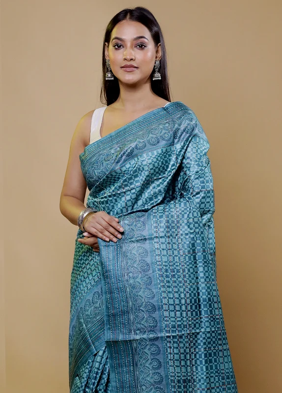 Blue Handloom Tussar Pure Silk Saree With Blouse Piece Onesize