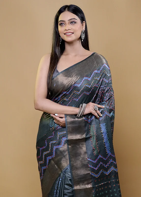 Blue Handloom Tussar Pure Silk Saree With Blouse Piece Onesize