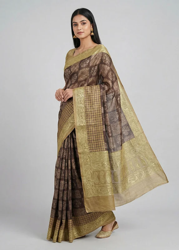 Brown Handloom Tussar Pure Silk Saree With Blouse Piece One Size