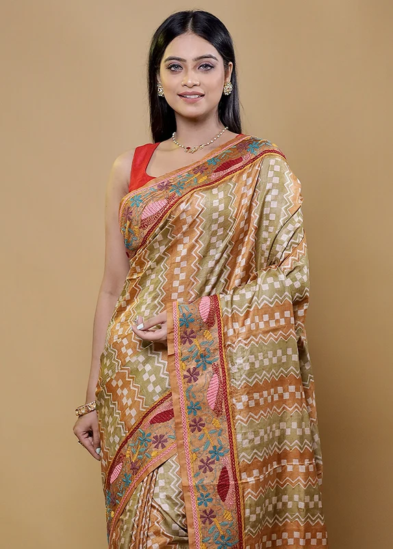Cream Handloom Tussar Pure Silk Saree With Blouse Piece Onesize