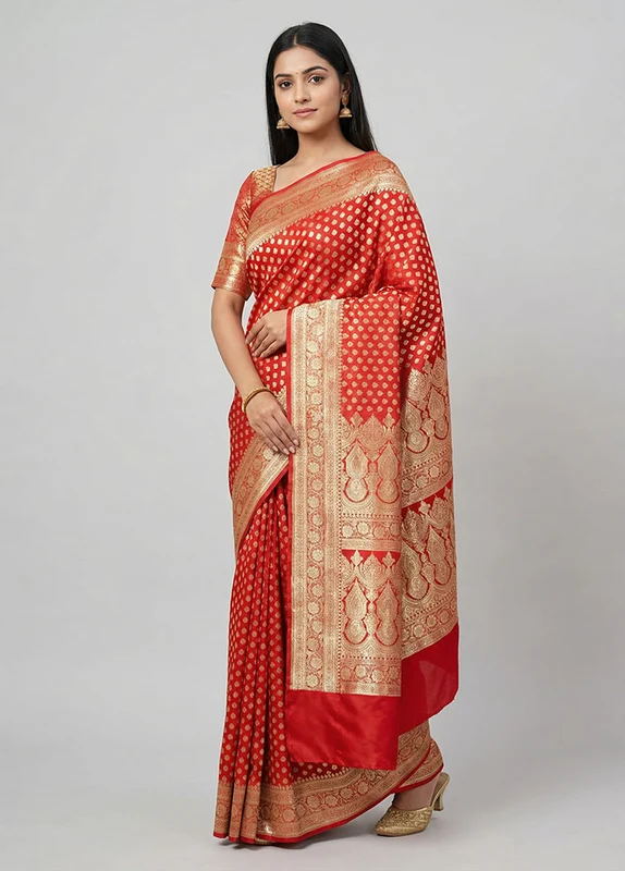 Red Banarasi Silk Saree With Blouse Piece One Size