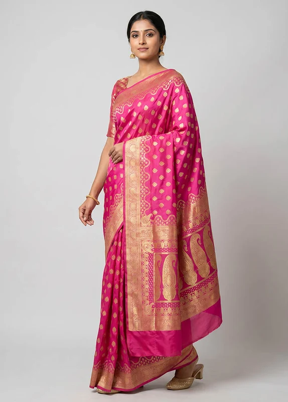 Pink Banarasi Silk Saree With Blouse Piece One Size