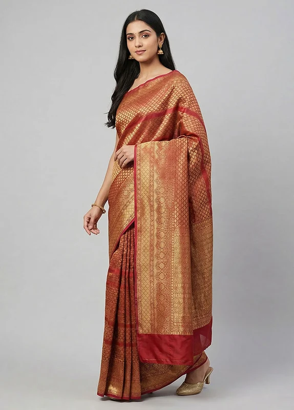 Brown Kora Silk Saree With Blouse Piece One Size