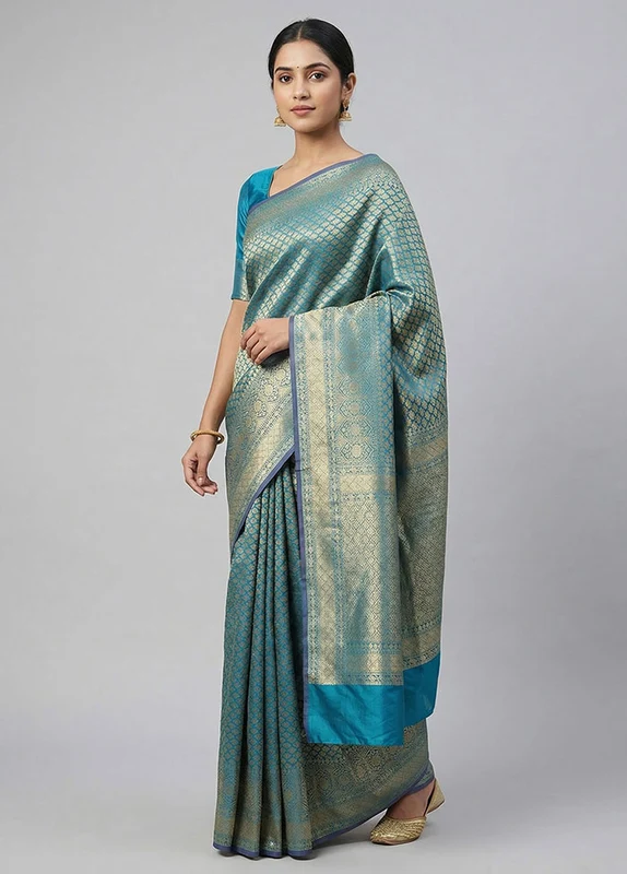 Green Kora Silk Saree With Blouse Piece One Size