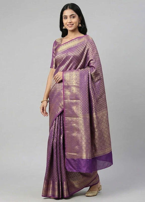 Purple Kora Silk Saree With Blouse Piece One Size