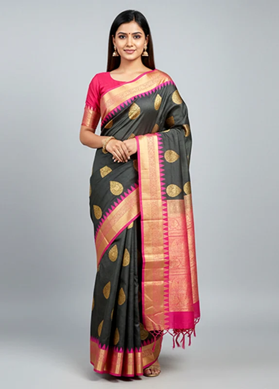 Black Handloom Kanchipuram Pure Silk Saree With Blouse Piece One Size