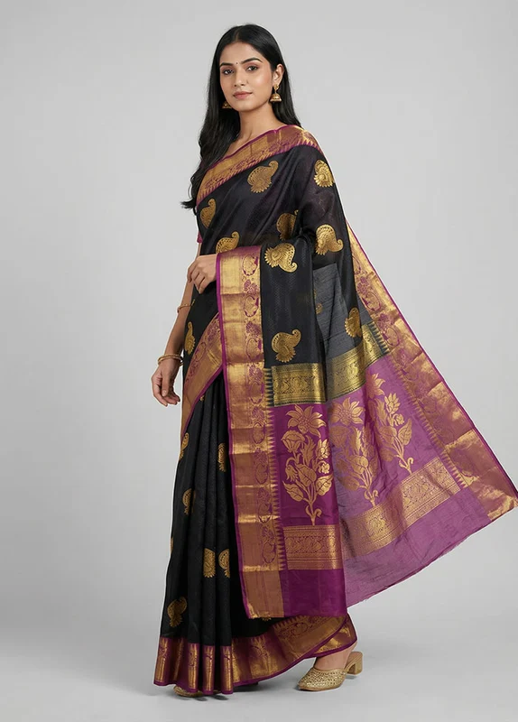 Black Handloom Kanchipuram Pure Silk Saree With Blouse Piece One Size