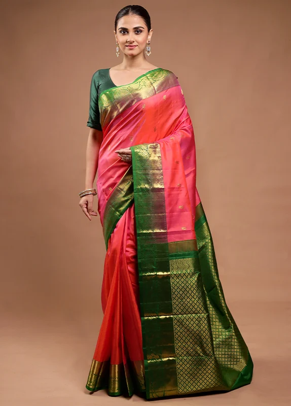 Pink Handloom Kanchipuram Pure Silk Saree With Blouse Piece Onesize
