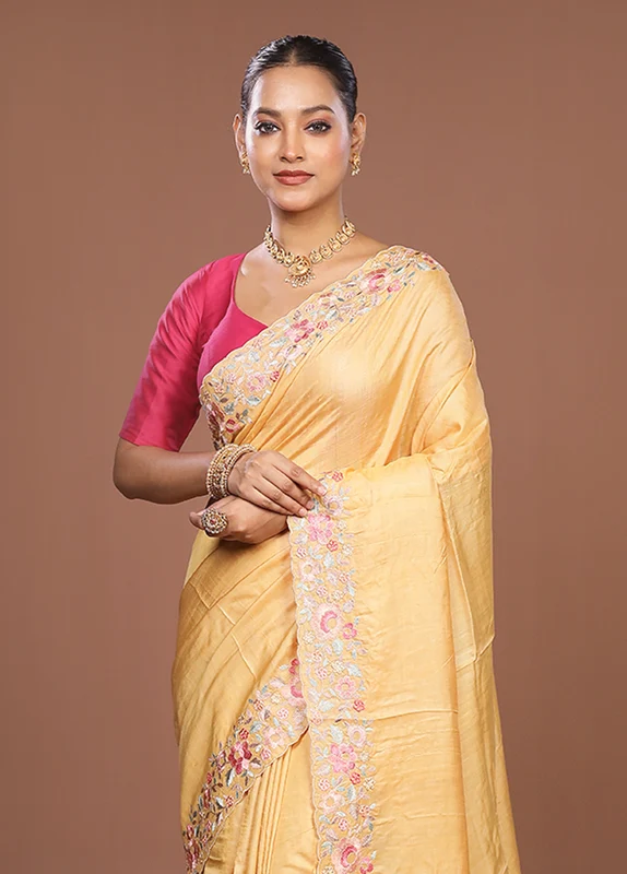Yellow Handloom Tussar Pure Silk Saree With Blouse Piece One Size