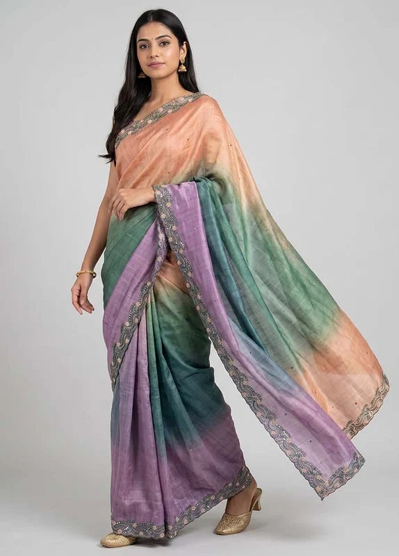 Purple Handloom Tussar Pure Silk Saree With Blouse Piece One Size