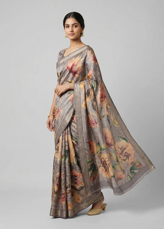 Grey Tussar Silk Saree With Blouse Piece One Size