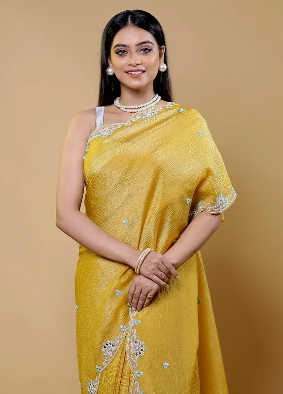 Yellow Handloom Tissue Pure Silk Saree With Blouse Piece Onesize