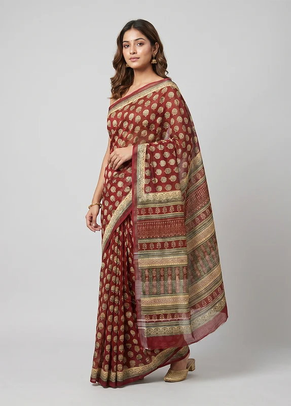 Maroon Linen Silk Saree With Blouse Piece One Size