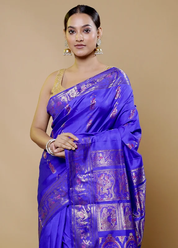 Blue Handloom Baluchari Pure Silk Saree With Blouse Piece Onesize