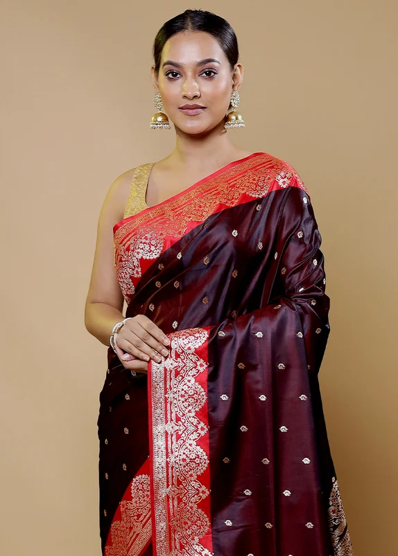 Maroon Banarasi Silk Saree With Blouse Piece Onesize