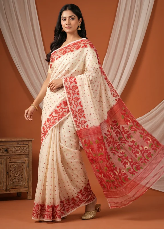 Red Jamdani Cotton Saree Without Blouse Piece One Size