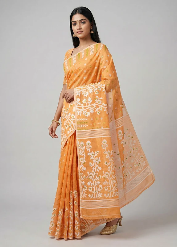 Yellow Jamdani Cotton Saree Without Blouse Piece One Size
