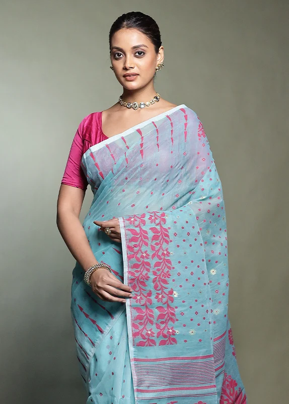 Green Tant Jamdani Saree Without Blouse Piece Onesize