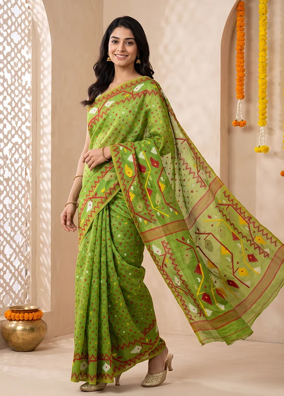 Green Jamdani Cotton Saree Without Blouse Piece One Size
