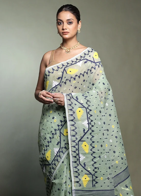 Green Tant Jamdani Saree Without Blouse Piece Onesize