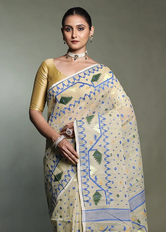 Cream Tant Jamdani Saree Without Blouse Piece Onesize