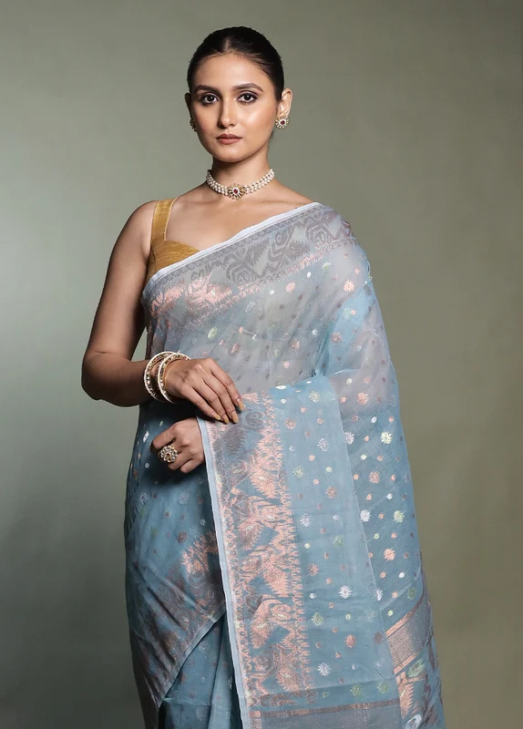 Green Tant Jamdani Saree Without Blouse Piece Onesize