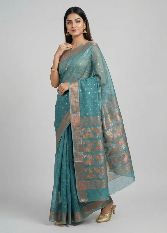 Green Jamdani Cotton Saree Without Blouse Piece One Size