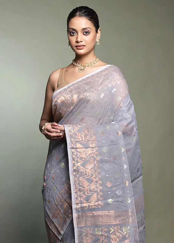 Grey Tant Jamdani Saree Without Blouse Piece Onesize