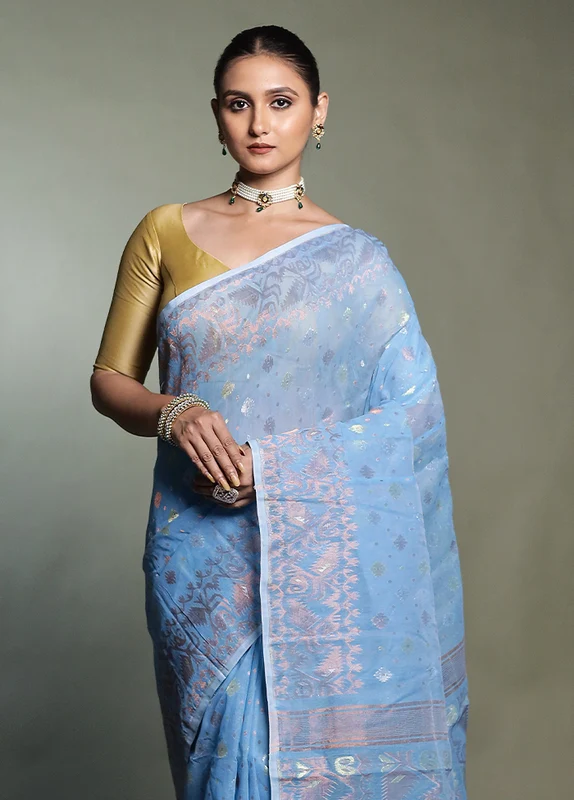Blue Tant Jamdani Saree Without Blouse Piece Onesize