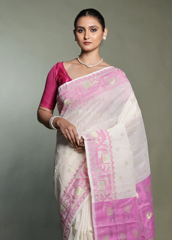 Pink Tant Jamdani Saree Without Blouse Piece Onesize